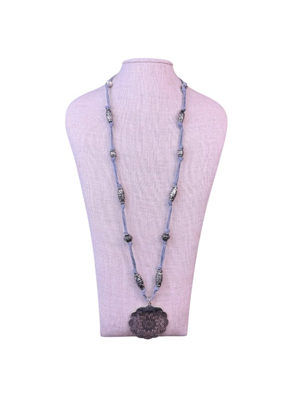 Silver Tone Womens Mandala Pendant Necklace With Knotted Cord & Beaded Detailing